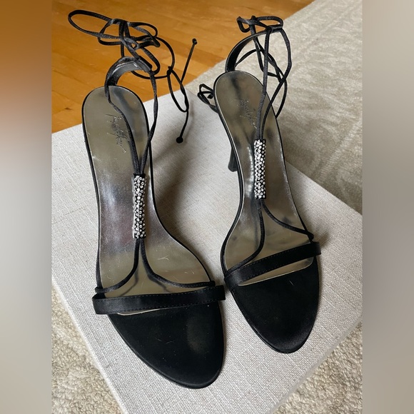 Lace up ankle black and silver heels. - Picture 3 of 7